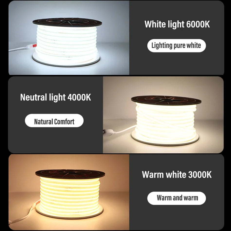 Striscia LED COB 220V 360 LED/m, impermeabile IP65, 3 temperature colore