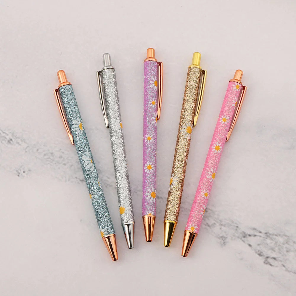 Lytwtw's Cute Daisy Press Ballpoint Pen Luxury Kawaii Metal Stationery School Office Supplies 5 Pieces