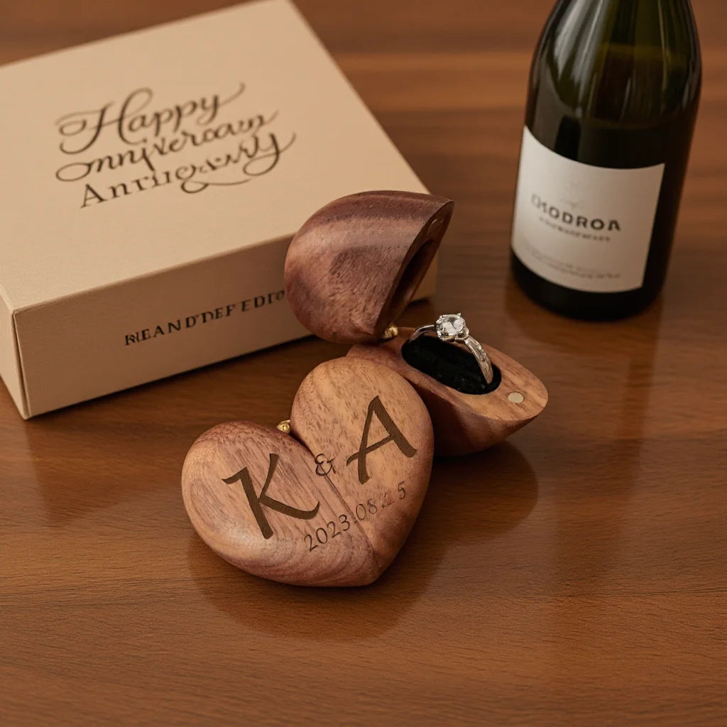 Heart Shaped Ring Box Black Walnut Wood Jewelry Case Engraved Names Date Romantic Gift for Her Girlfriend Wife