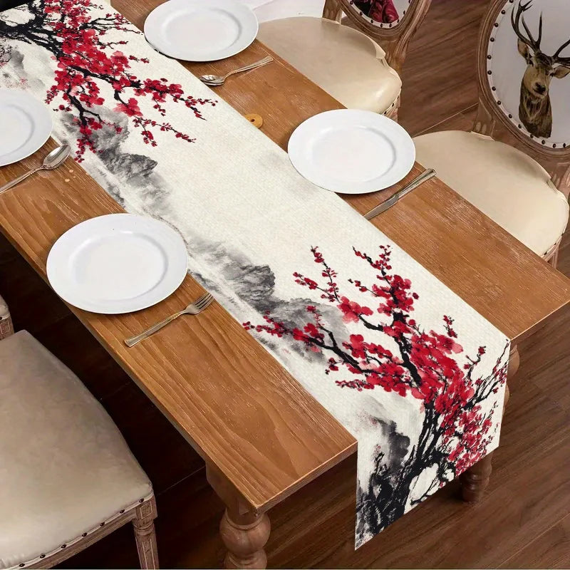 Runner da tavola in lino con stampa fiori di ciliegio e montagna d'acqua