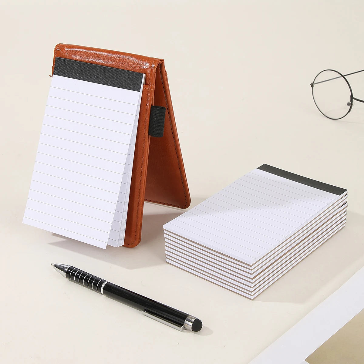 Mini Pocket Portable Notepad, Strap-On Pen Holder Meeting Notebook, Pu Leather Hard Cover Waterproof Notebook with Lined Pages, Diary, Work Office Meeting Notes Notebook, Accounting, Memo Notebook Ballpoint Pen Set