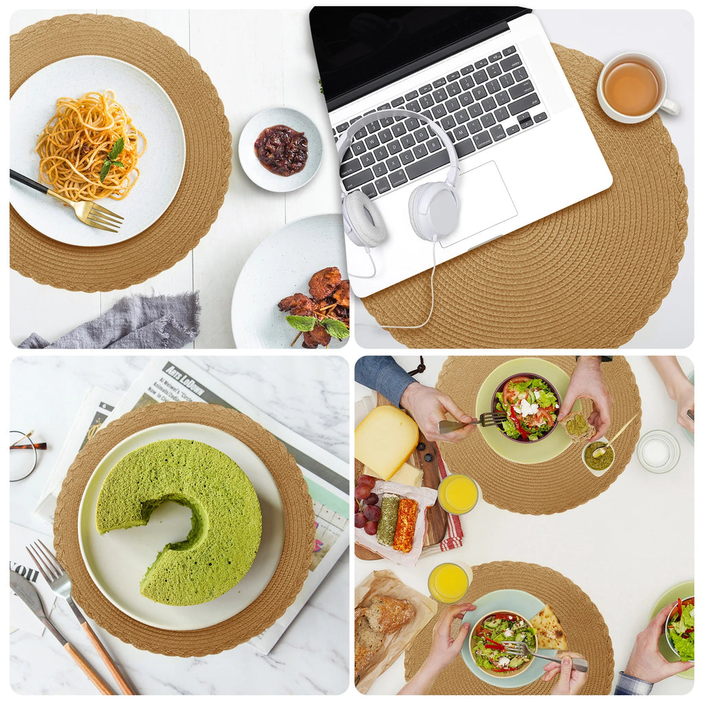 6Pcs Round Table Mat and Cup Coasters Set Woven Ramie Placemats Anti Slip Dining Placemats Non-Slip Tableware Bowl Pads Kitchen