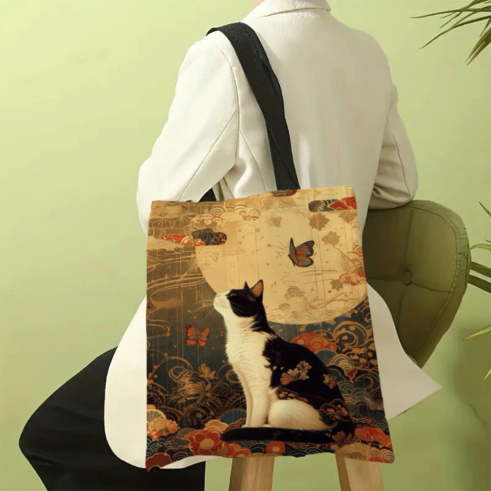 Borsa tote quadrata in lino bianco e nero con stampa gatto – shopper…