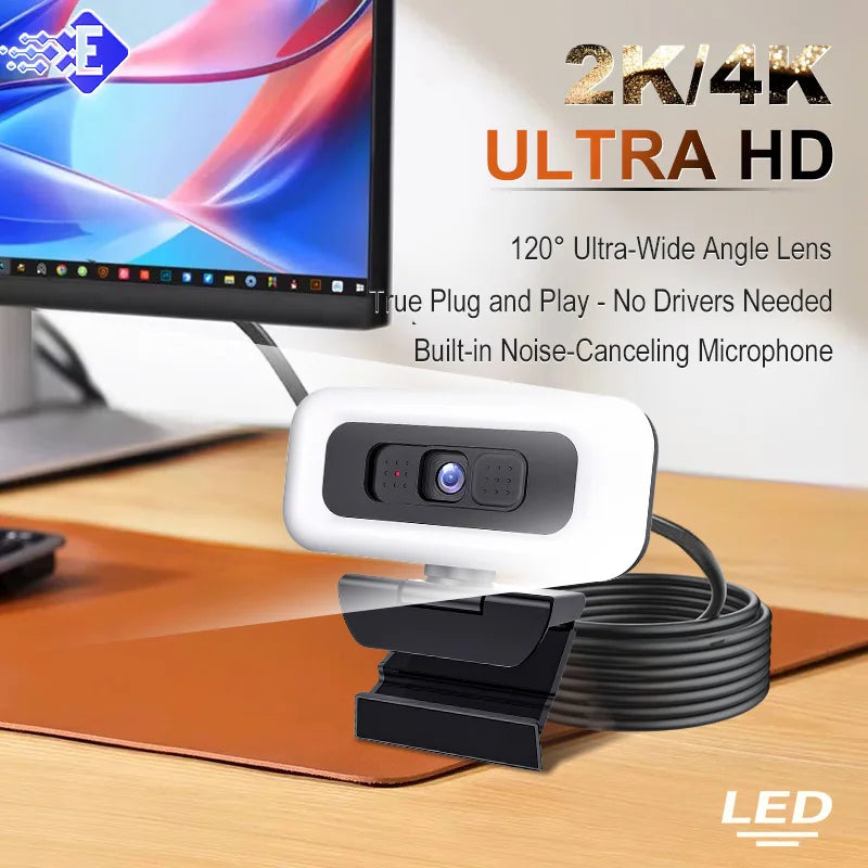 Webcam 4K Full HD con Autofocus, Luce Regolabile e Microfono Antirumore
