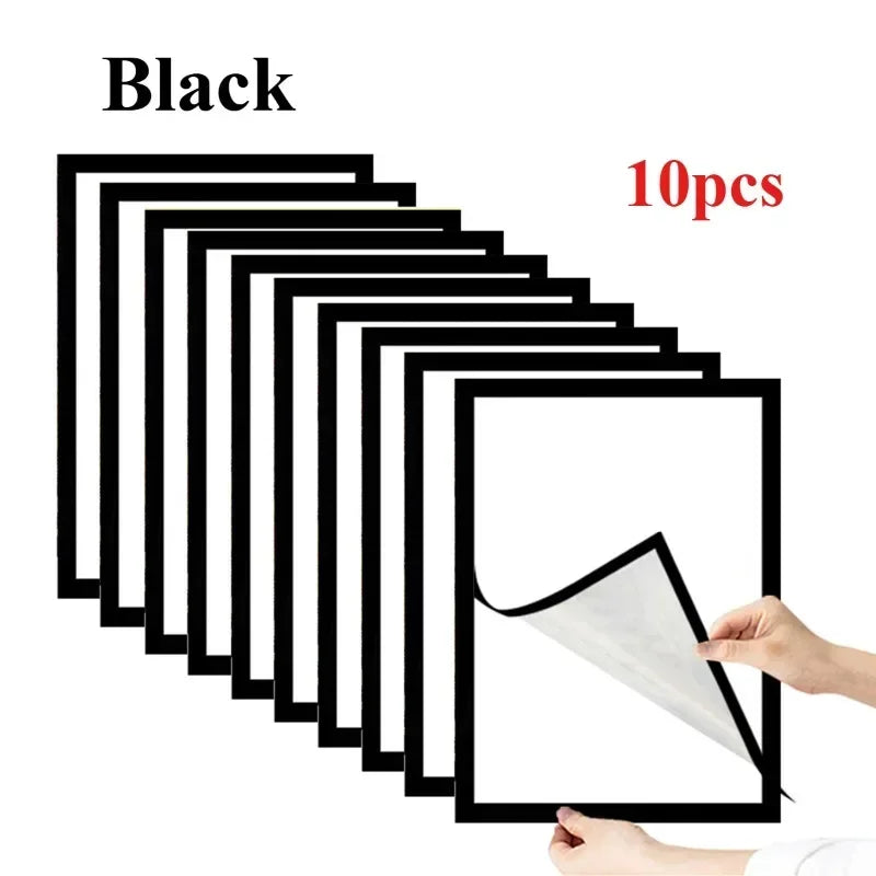 10pcs Rectangular Magnetic Photo Frame A4/A6 Gold Silver Black Self Adhesive No Punch Display Frame Reusable Wall Poster Frame