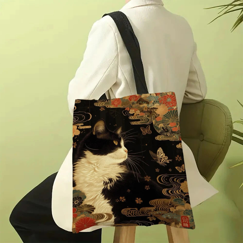 Borsa tote quadrata in lino bianco e nero con stampa gatto – shopper…