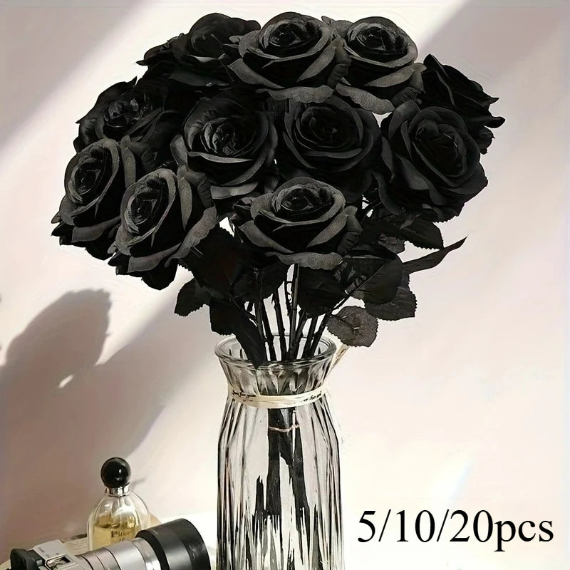 10 Rosa Nere Artificiali Lungho Stelo - Decorazione Halloween, Matrimonio, Casa
