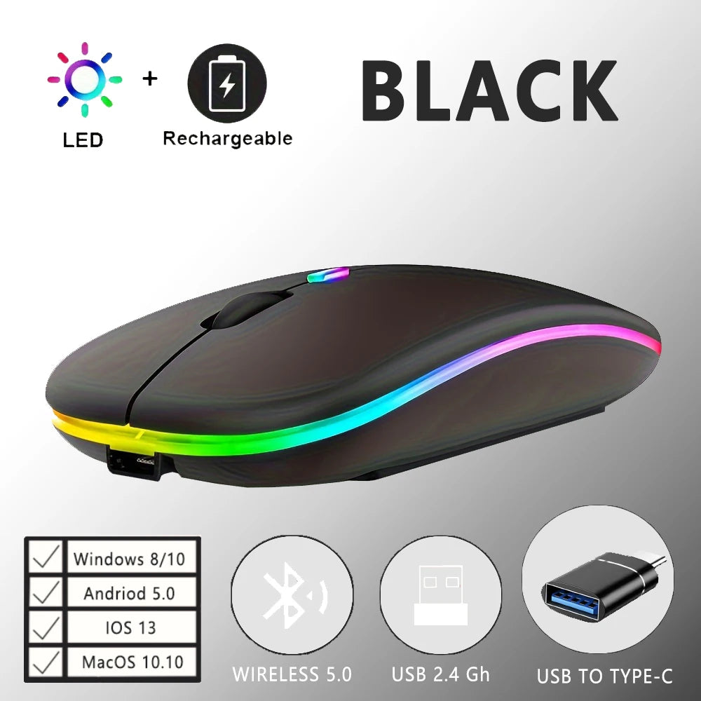 Wireless Rechargeable Mouse With LED Backlight  Bluetooth With Type-C Adapter Gaming Mouse Suitable For MAC/Laptop/PC/Windows