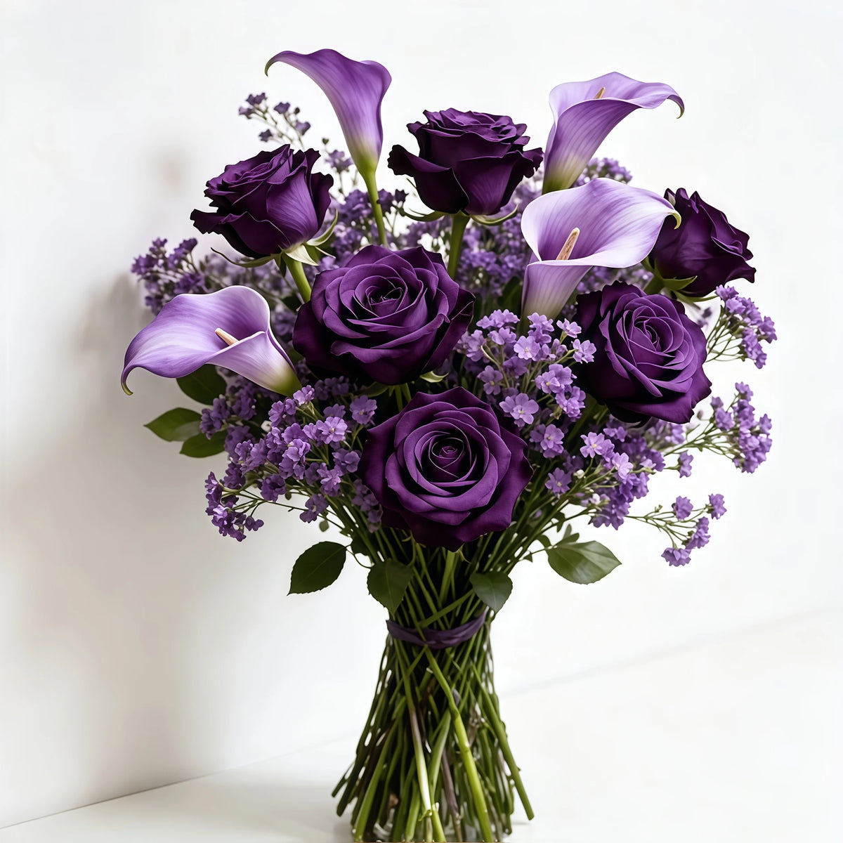 Bouquet di Fiori Artificiali Viola – 3 Rose, 3 Calle, 10 Gypsophila, Senza Vaso