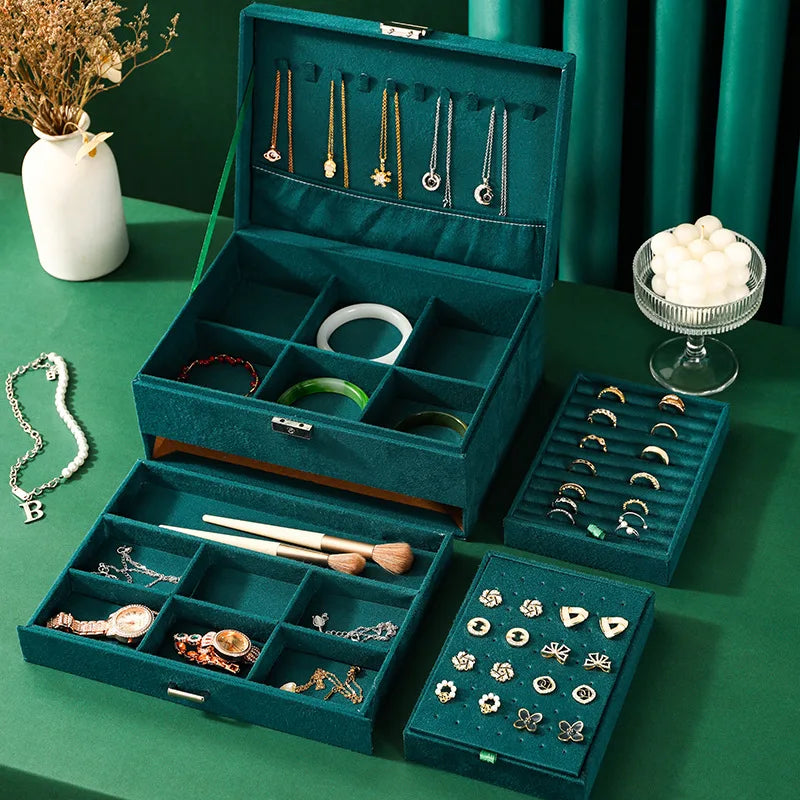 New Vintage Style Green Velvet Jewelry Box Double Lock Storage Box Necklace Earrings and Rings Jewelry Box Large Capacity