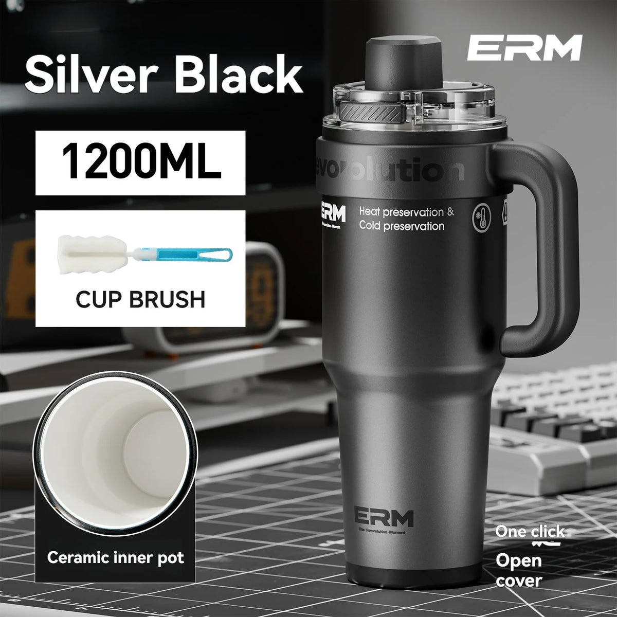 Termos 1,2 L acciaio inox con rivestimento ceramico, cannuccia e manico – 24 h