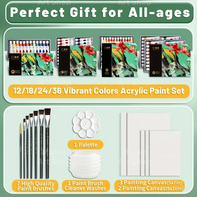 Acrylic Paint Set 50/38/32/26pcs High Quality,12ml/0.41oz with Canvas,Brushes,Palette,Etc,for Beginners,Paper,Glass,Stone,Wood