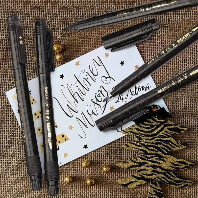 Set 4 penne per calligrafia, punta morbida e dura, inchiostro nero ricaricabile