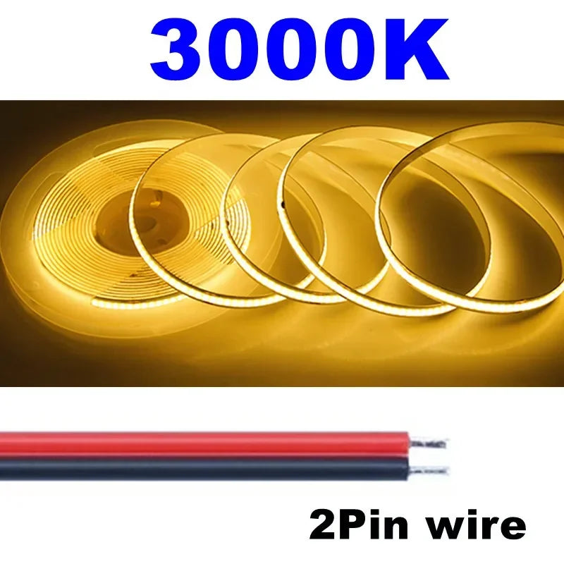 Striscia LED COB flessibile 8mm 12V/24V, 320/480 LED/m, luce 3000‑6000K
