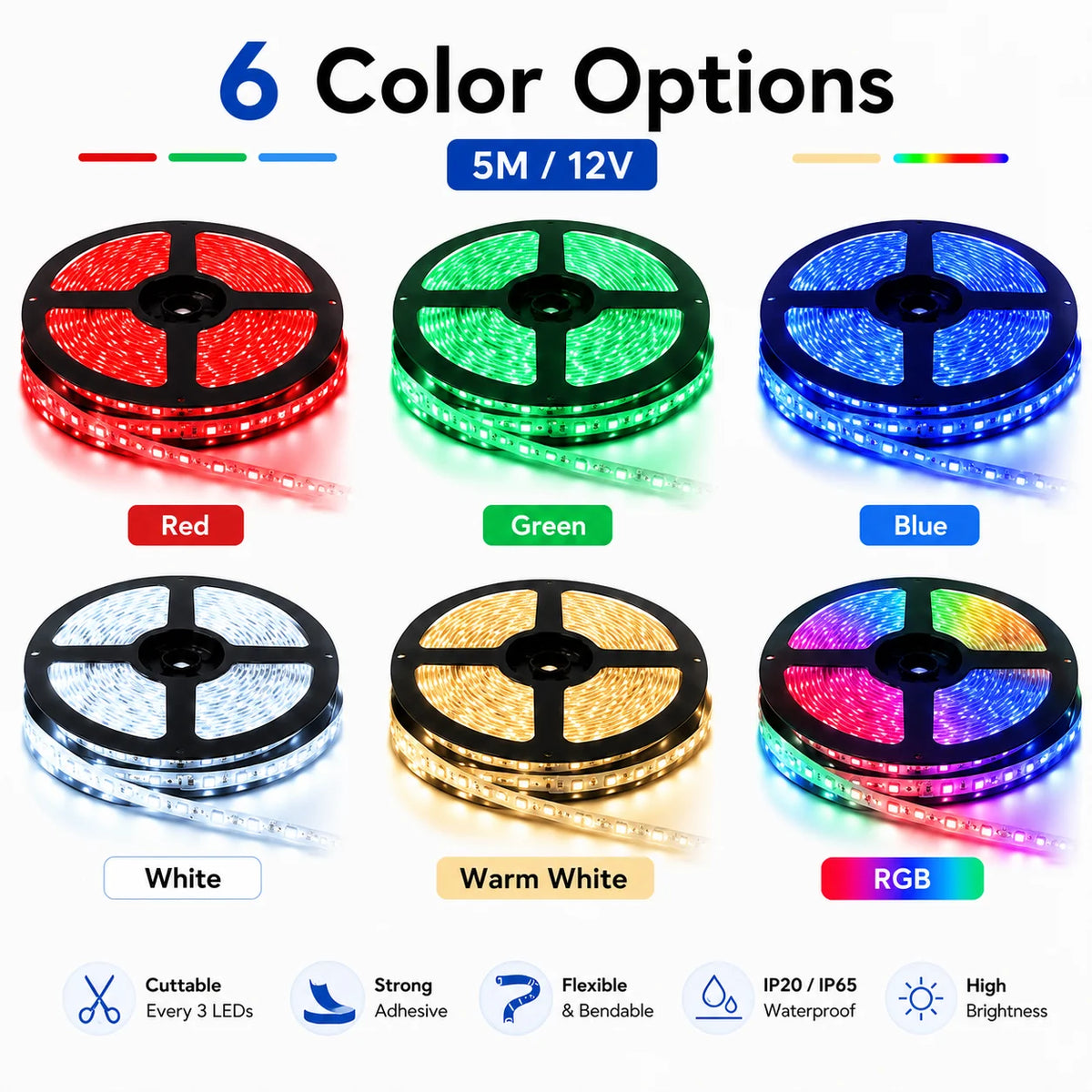Striscia LED RGB 12V 5 m, 3528/5050, rosso, verde, blu e bianco caldo