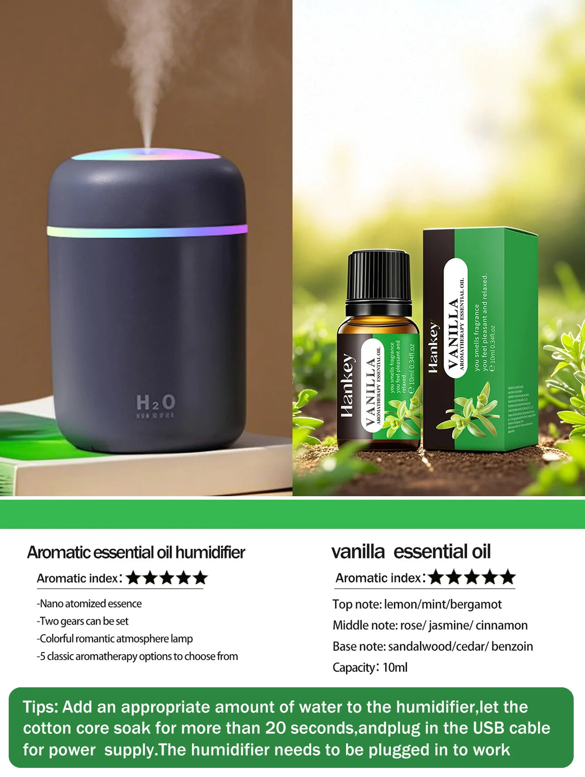Diffusore Aromaterapico 300ml USB Luce a 7 Colori, Umidificatore per Casa e Auto