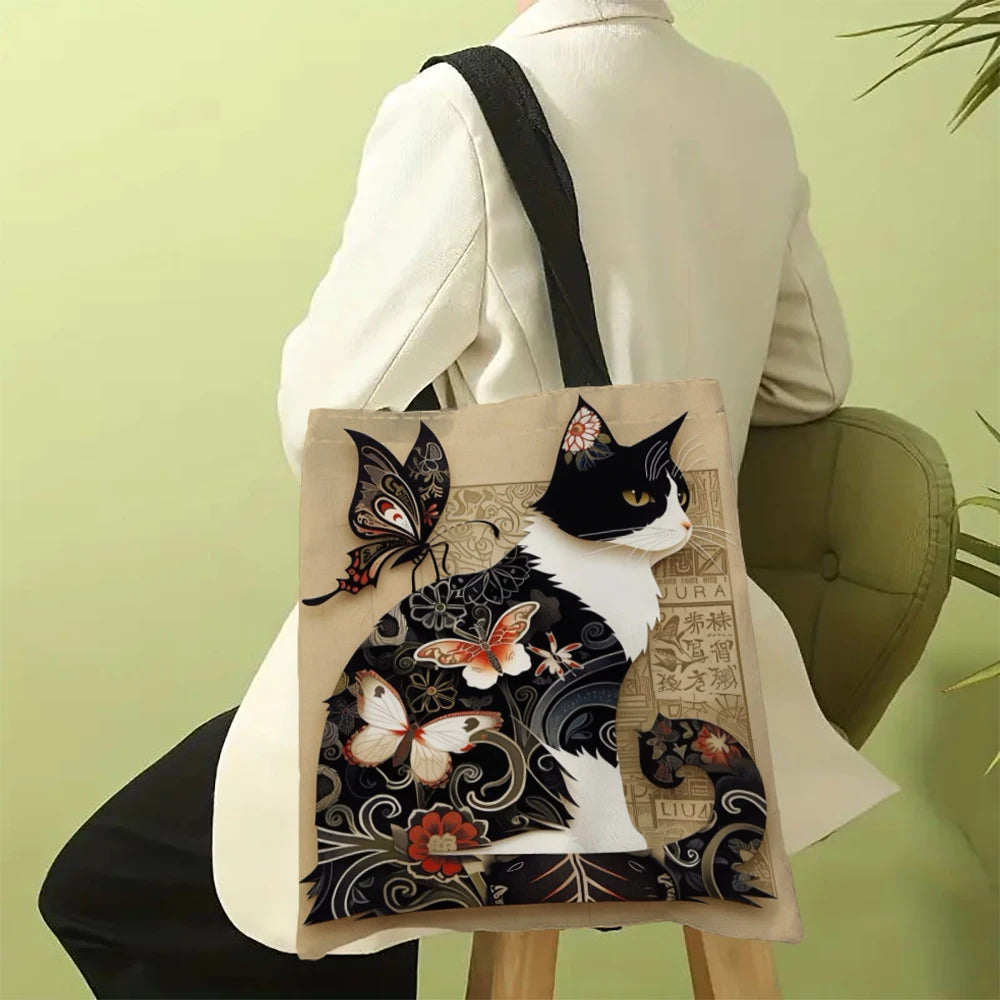 Borsa tote quadrata in lino bianco e nero con stampa gatto – shopper…
