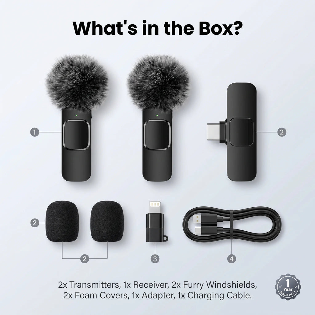 Wireless Mini Lavalier Clip Mic with Furry Windscreen, Dual‑Port Type‑C & Lightning Adapter for iPhone, Android, Tablets, Laptop