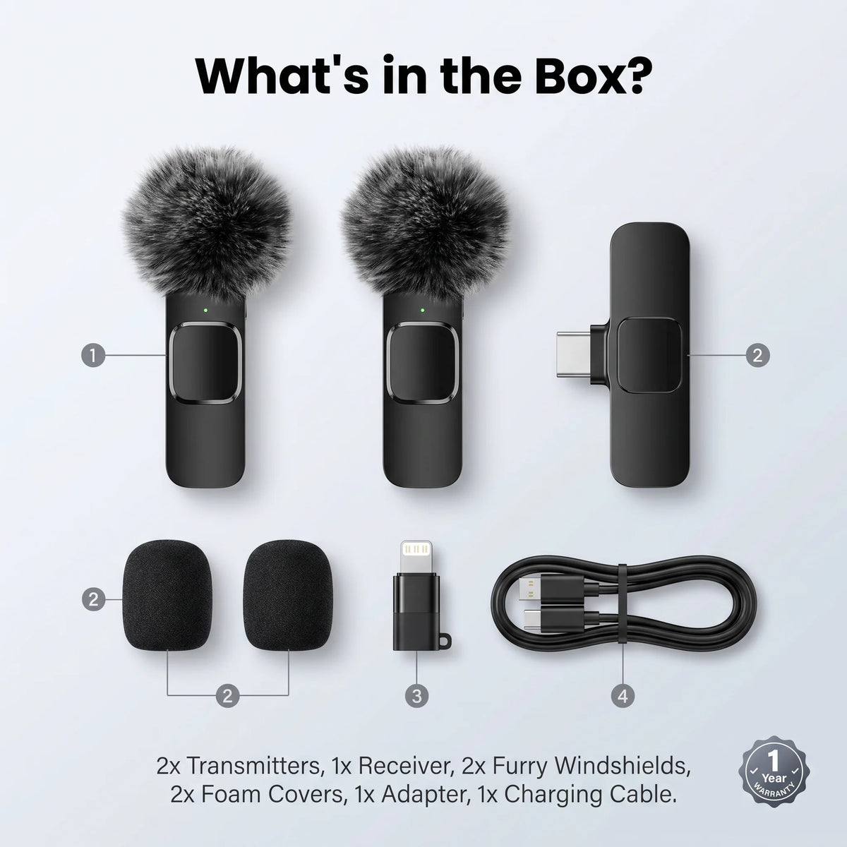 Wireless Mini Lavalier Clip Mic with Furry Windscreen, Dual‑Port Type‑C & Lightning Adapter for iPhone, Android, Tablets, Laptop
