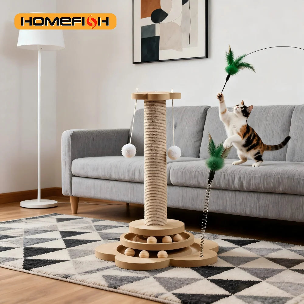 Gioco Gatto in Legno con Disco Rotante e Palline – Tappetino Graffiabile Sisal