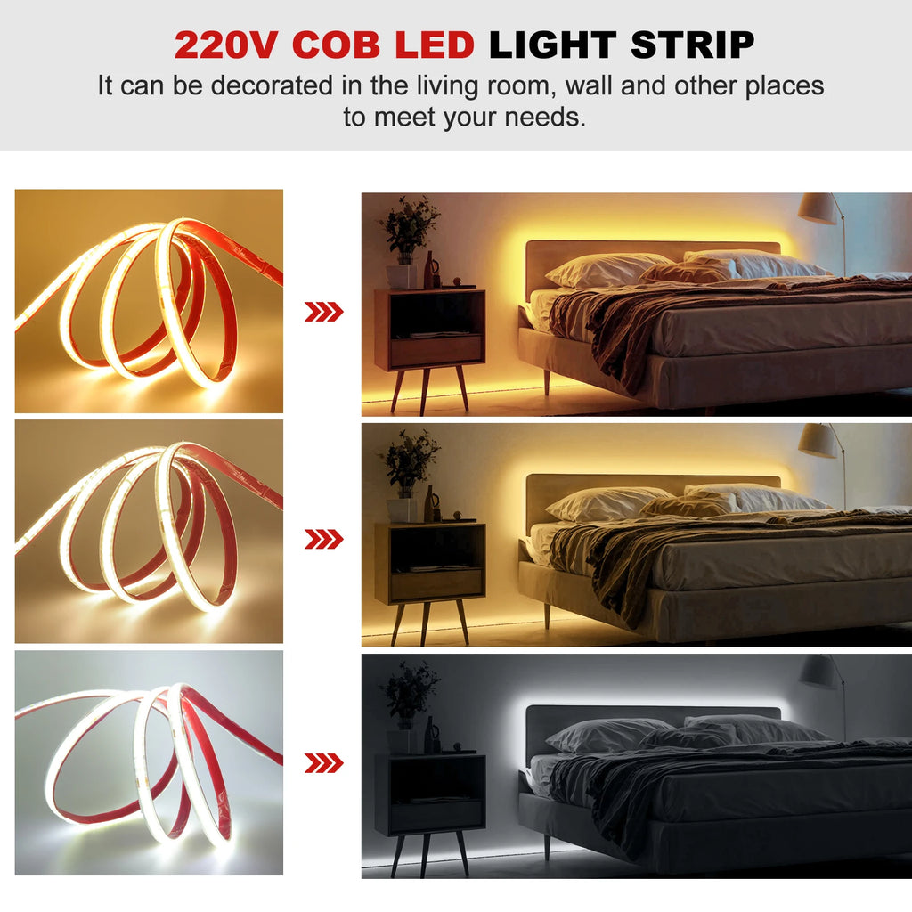Striscia LED COB 220V 10 mm, 240 LED/m, IP65, 3‑6 kK, autocollante, tagliabile…