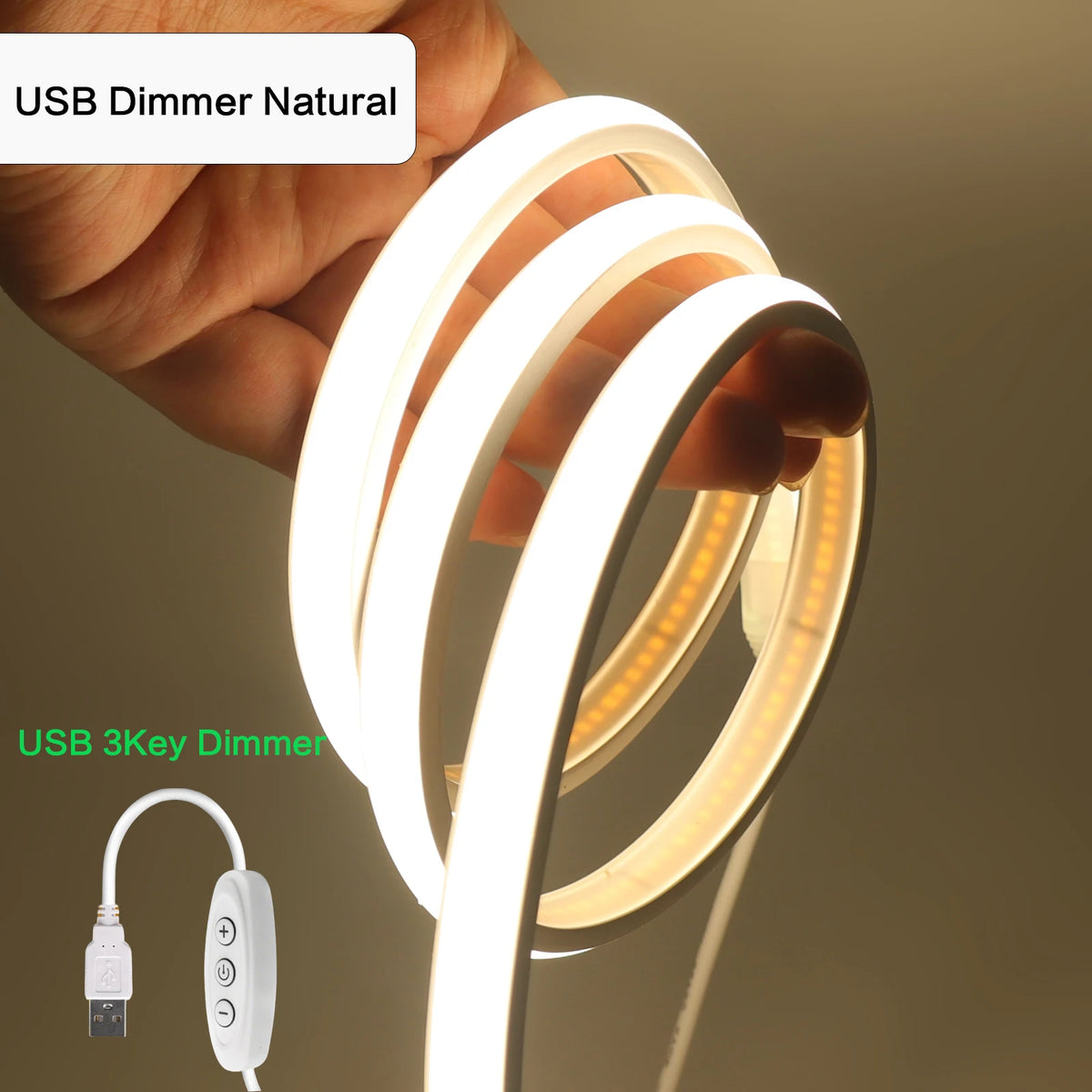 Striscia LED Neon 5V USB, 320 LED/m, dimmer, IP68, luce calda/bianca