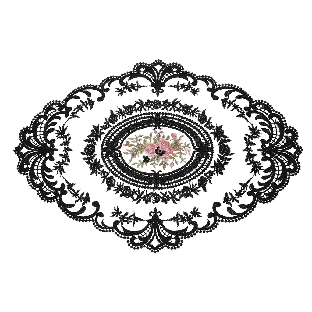 Retro Lace Placemat 12x16-in Oval Embroidered Table Place Mats French Crochet Doilies Coasters Cup Mat for Home Wedding, Black