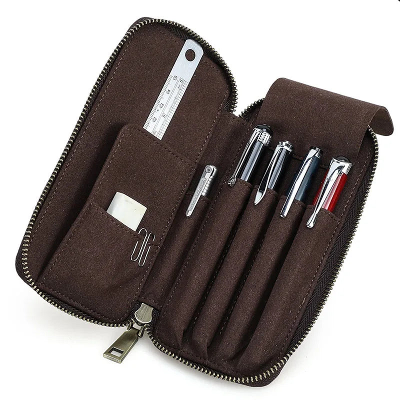 Porte-stylos en cuir véritable avec 4 compartiments, fermeture éclair, fait main