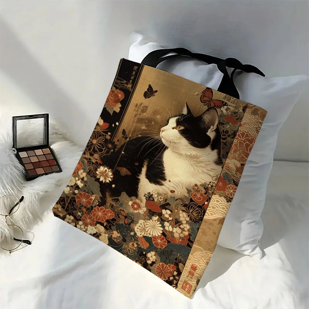 Borsa tote quadrata in lino bianco e nero con stampa gatto – shopper…