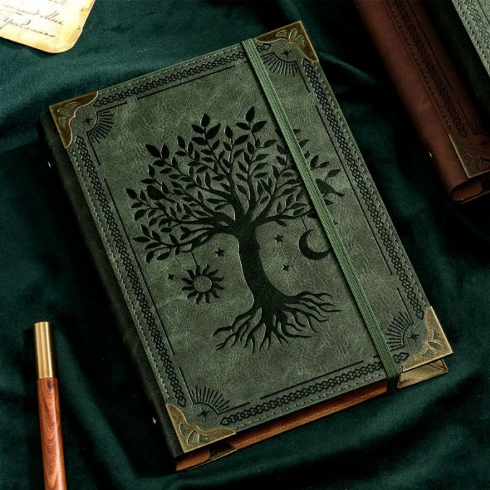 Notebook Vintage Leather Tree of Life Notebook, Thick Spell Book Planner for Student, Magic Study Notebook with Refillable Paper