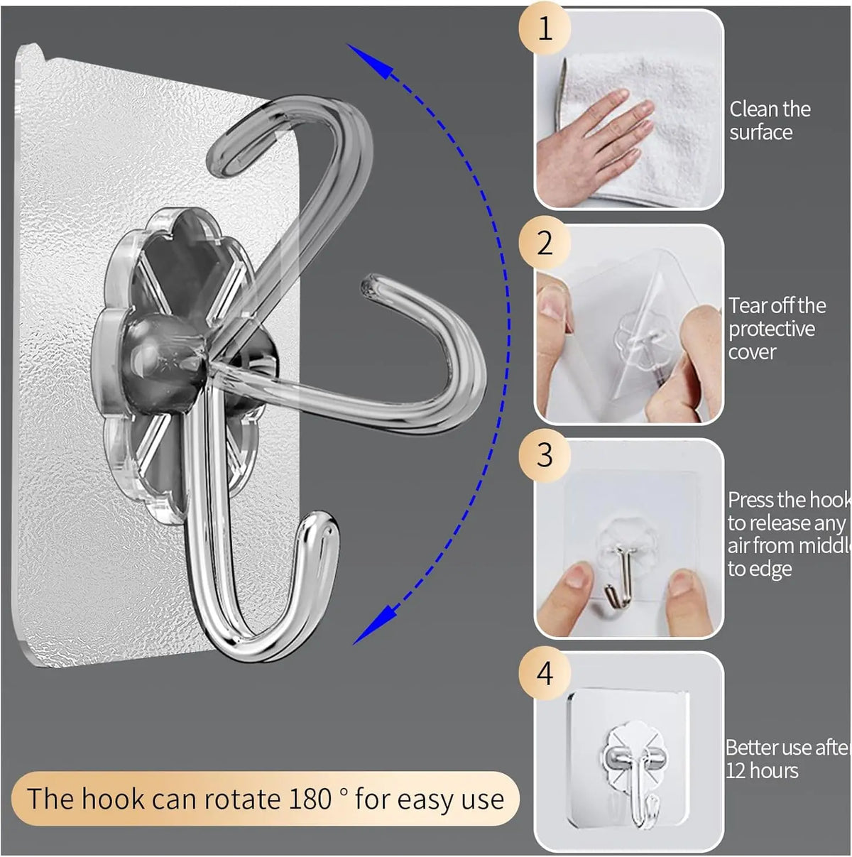 Ganci adesivi trasparenti in acciaio inox per cucina, bagno e porte