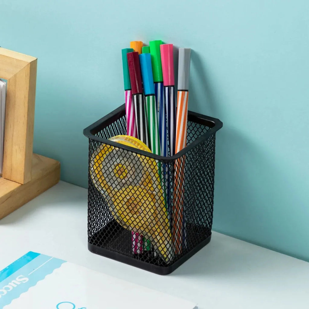 MOTARRO 1Pcs Pencil Holder Office Desk Metal Mesh Square Round Pen Pot Cup Case Container Organiser Durable Pencil Case