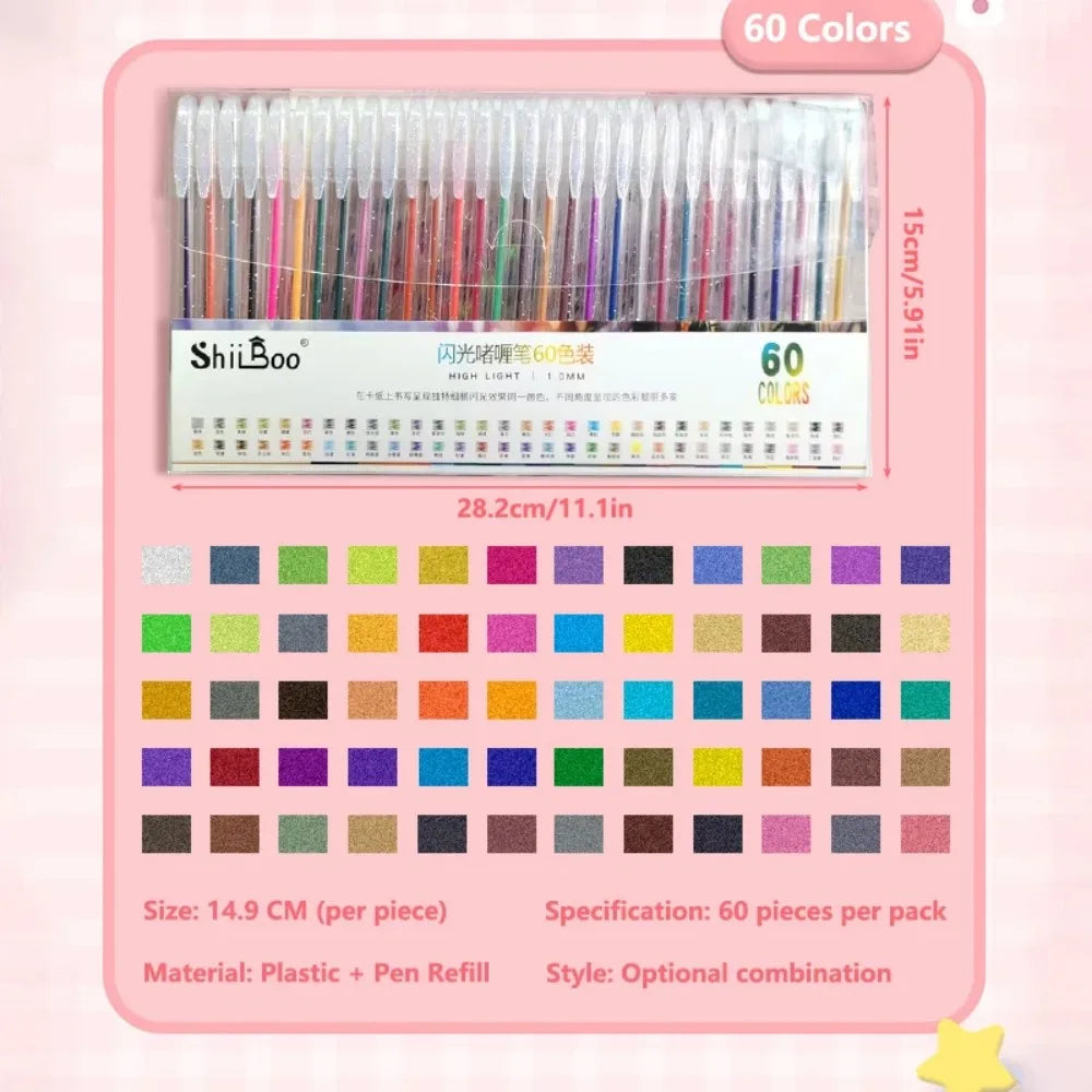 Penna gel glitter 0,2 mm – 8‑60 colori brillanti per carta, diario e arte DIY