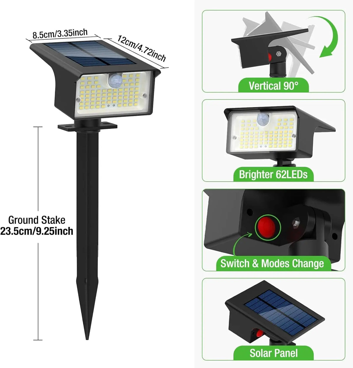 Faretti Solari da Esterno con Sensore di Movimento, 62 LED, 3 Modalità