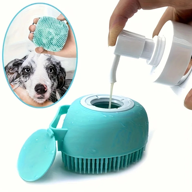 Silicone Soft Rubber Pet Massage Shower Brush with Builtin Shampoo Storage Self Cleaning Detangling for Dogs Cats Grooming Brush