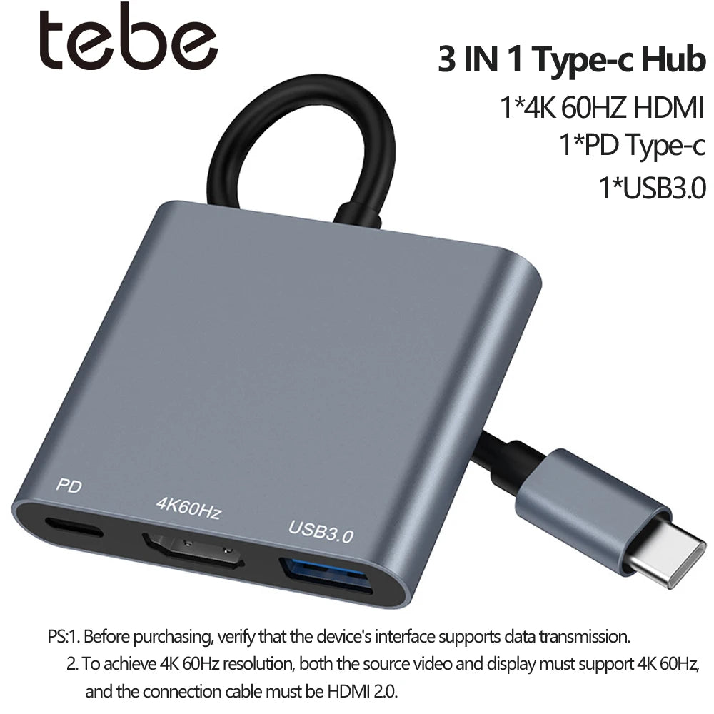 Hub USB‑C 3 in 1 con HDMI 4K 60 Hz, USB 3.0 e Power Delivery 100 W