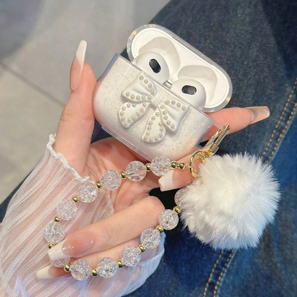 Cover protettivo glitter con fiocco cristallo per AirPods Pro e AirPods