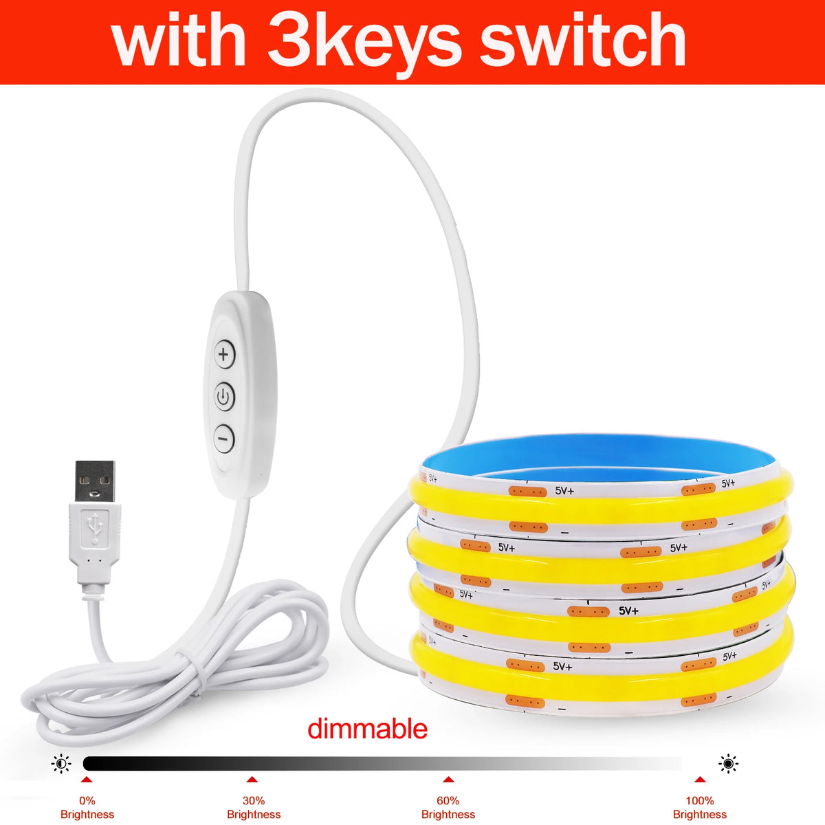 Striscia LED COB 5V USB dimmerabile, 320 LED/m, luce bianca regolabile