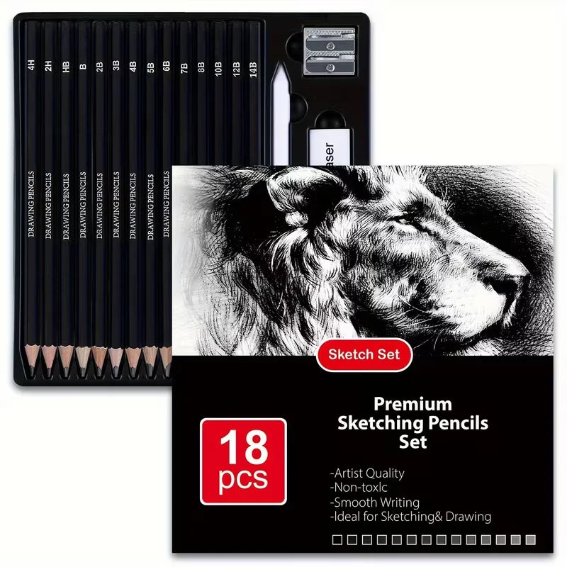 Brutfuner 18/29 Pro Professional Artist Sketching & Drawing Pencil Set with Charcoal, Erasers, Sharpener & Stumps