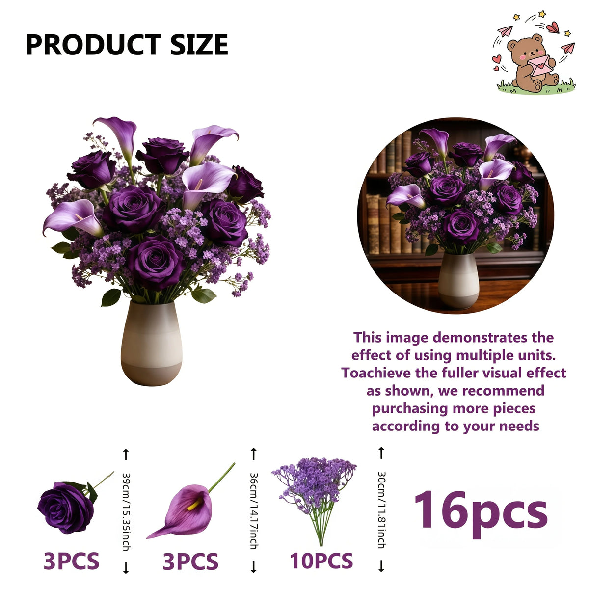 Bouquet di Fiori Artificiali Viola – 3 Rose, 3 Calle, 10 Gypsophila, Senza Vaso