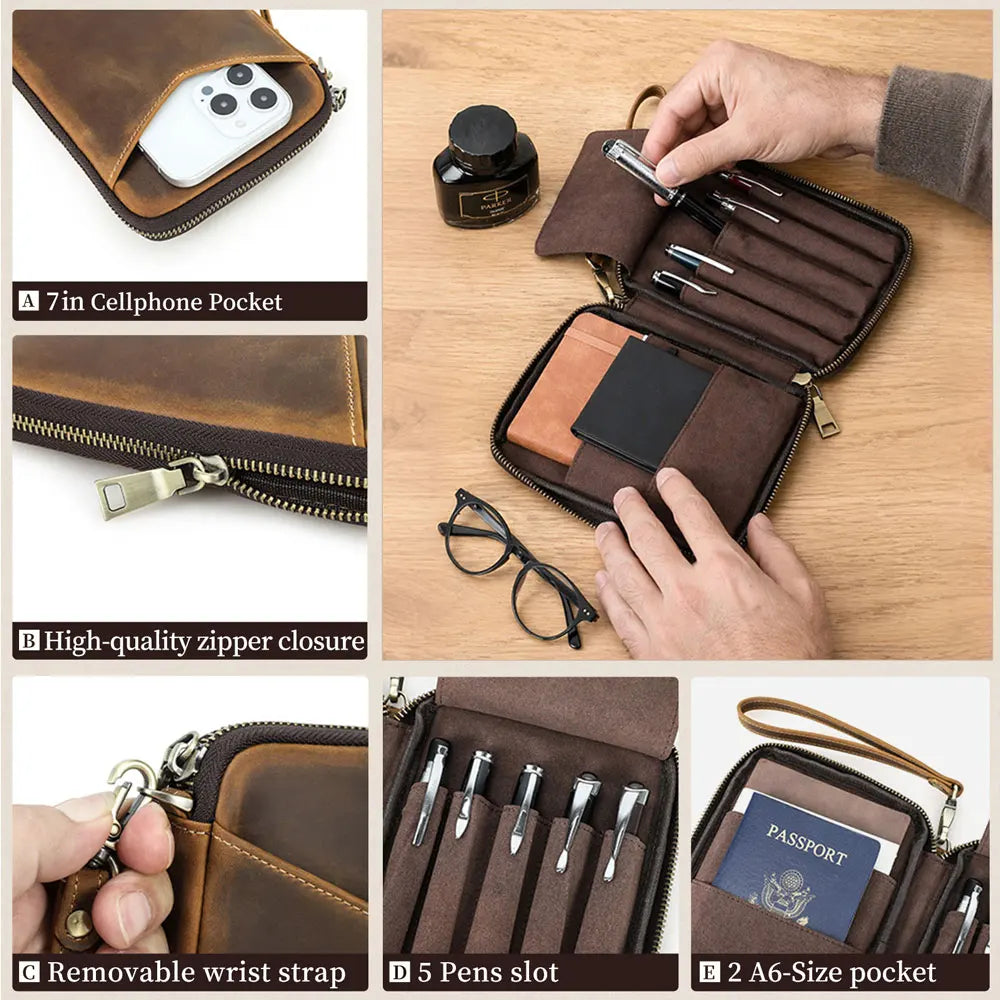Portapenne in pelle autentica con 5 slot, scomparto A6 e tasca per smartphone