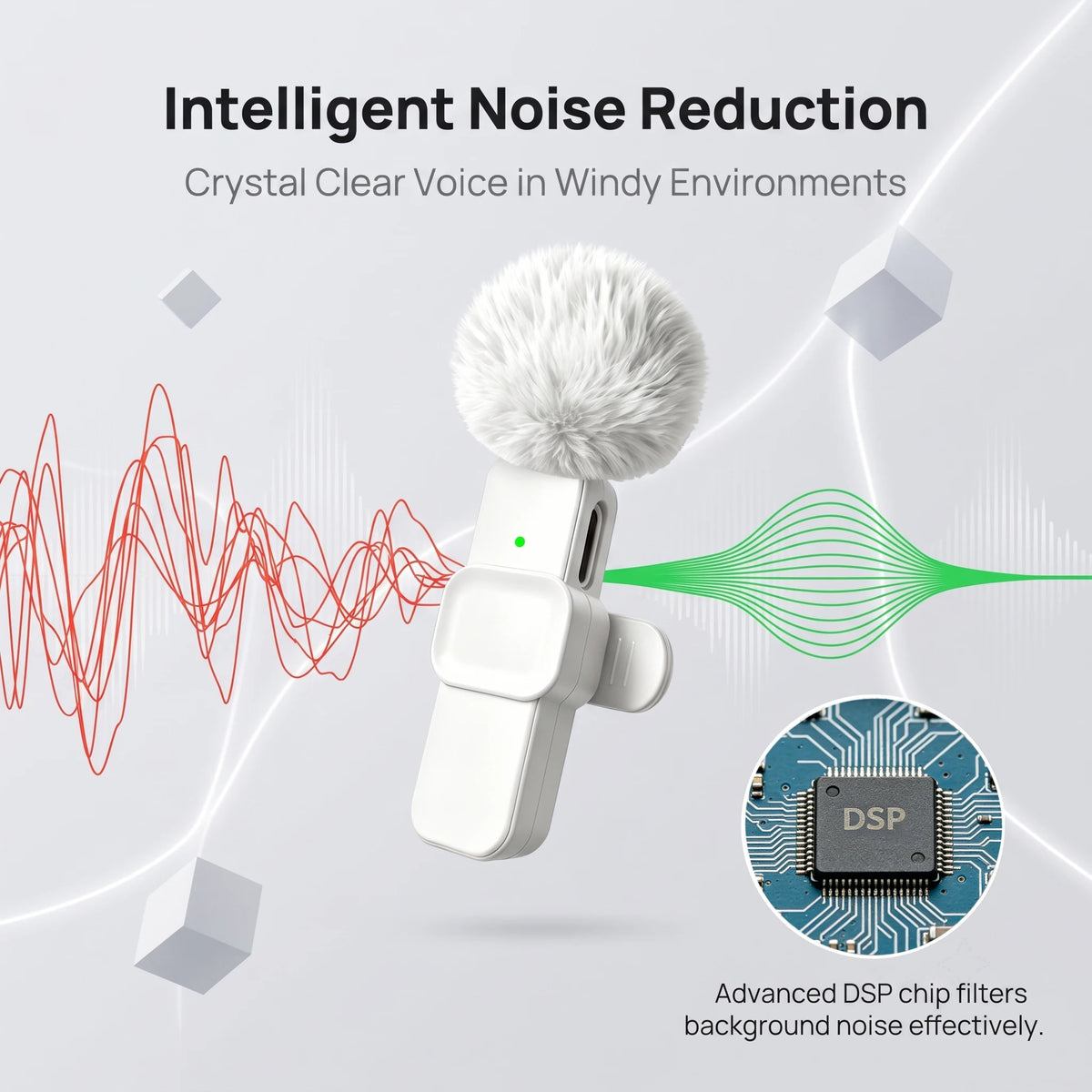 Microfono Lavalier Wireless Type‑C con Riduzione Rumore e Copertura Antivento