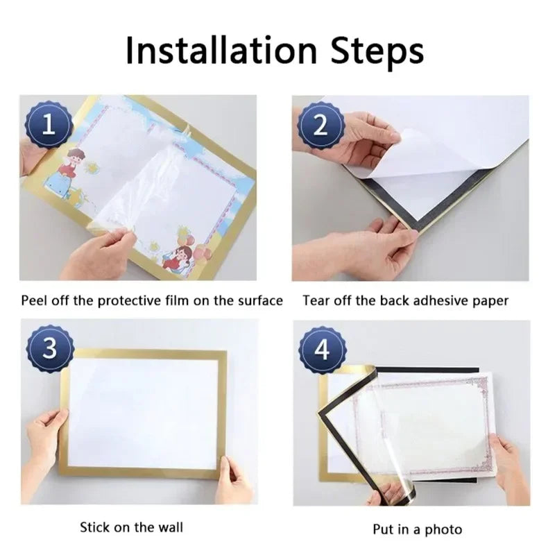 10pcs Rectangular Magnetic Photo Frame A4/A6 Gold Silver Black Self Adhesive No Punch Display Frame Reusable Wall Poster Frame
