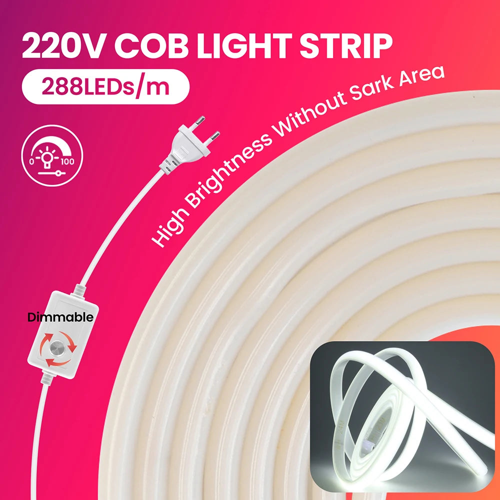 Striscia LED Neon COB dimmer 220 V, 3000‑6000 K, impermeabile, da 0,5 a 30 m