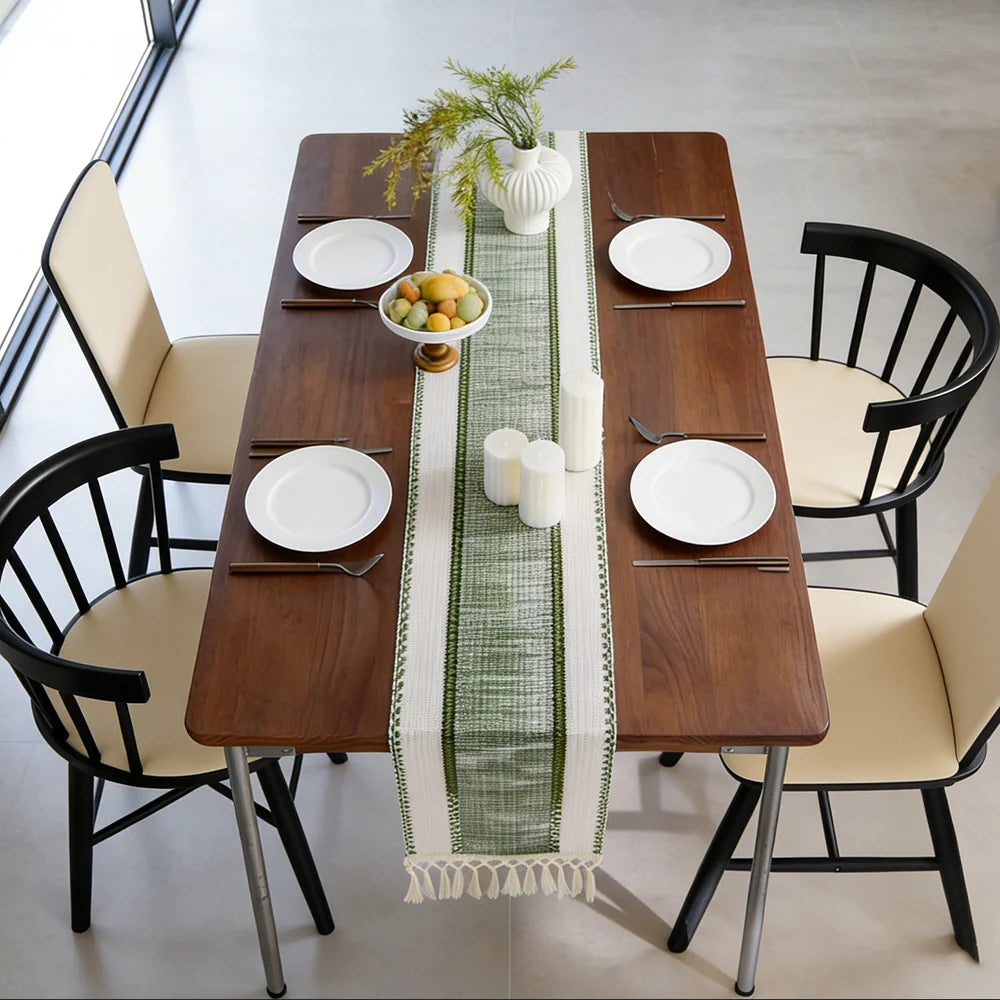 Green Boho Striped Green Table Runner - Hand - Woven Tassels, Ideal for Spring Tables, Round Coffee Tables & Rustic Home Decor