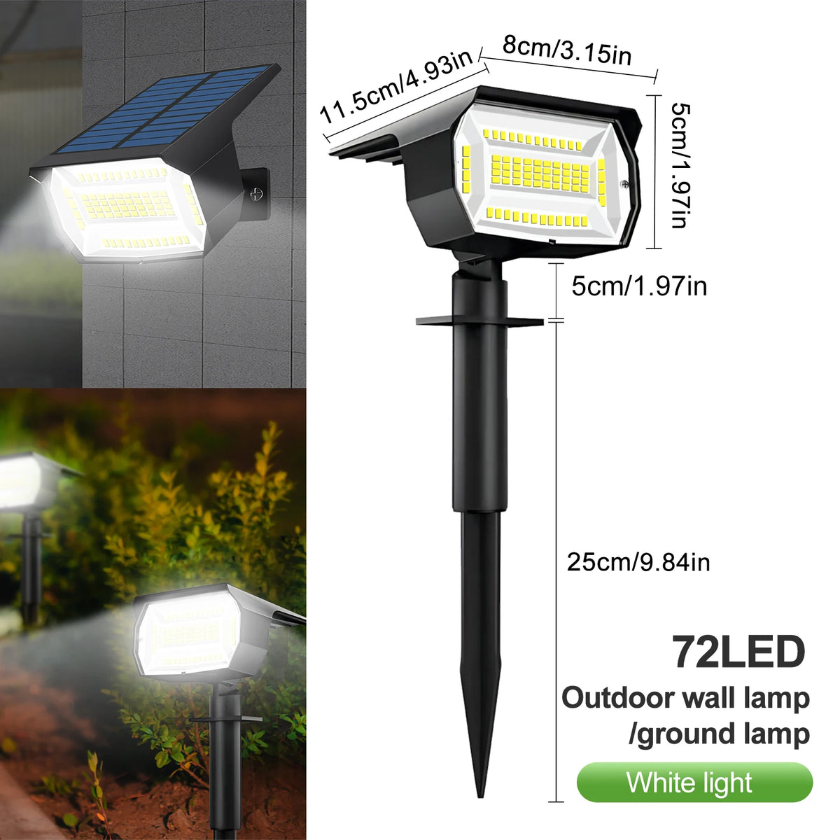 Spotlight solare LED 72 LED IP65, 3 modalità luce, installazione semplice
