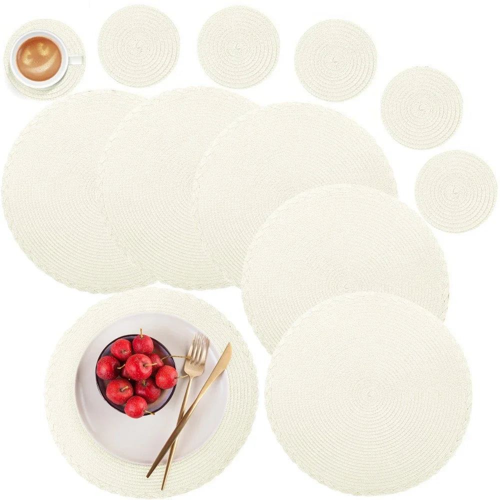 Set de 6 sets de table ronds et dessous de verre en ramie – Antidérapants, 34 cm