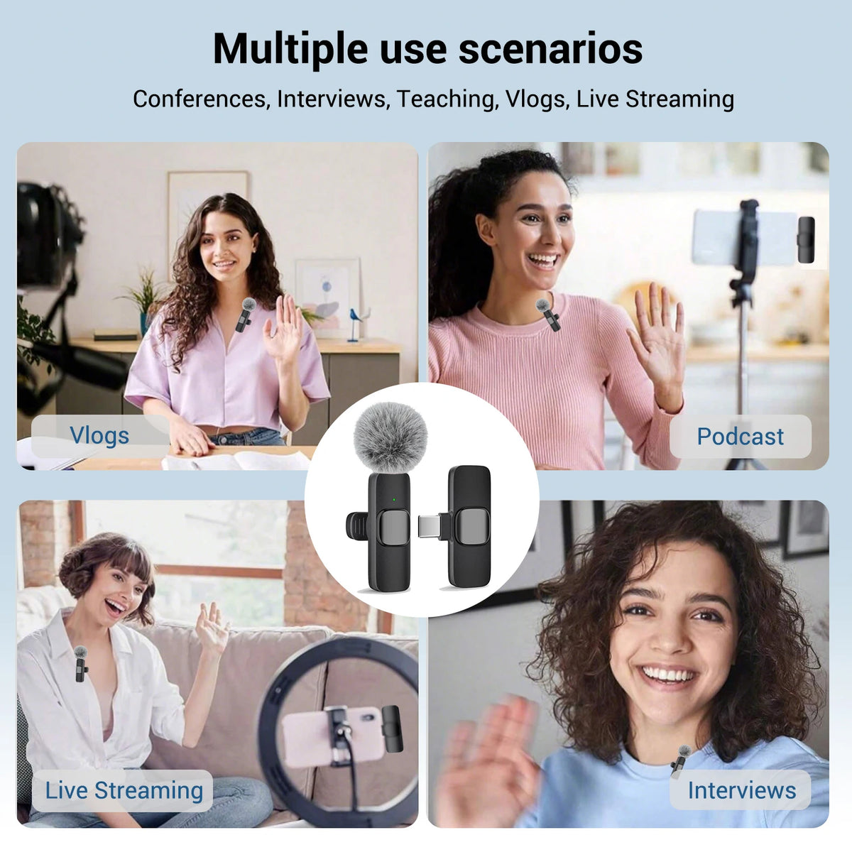 Microfono Lavalier Wireless Type‑C con Bassa Latenza e Raggio 30 m – Plug & Play