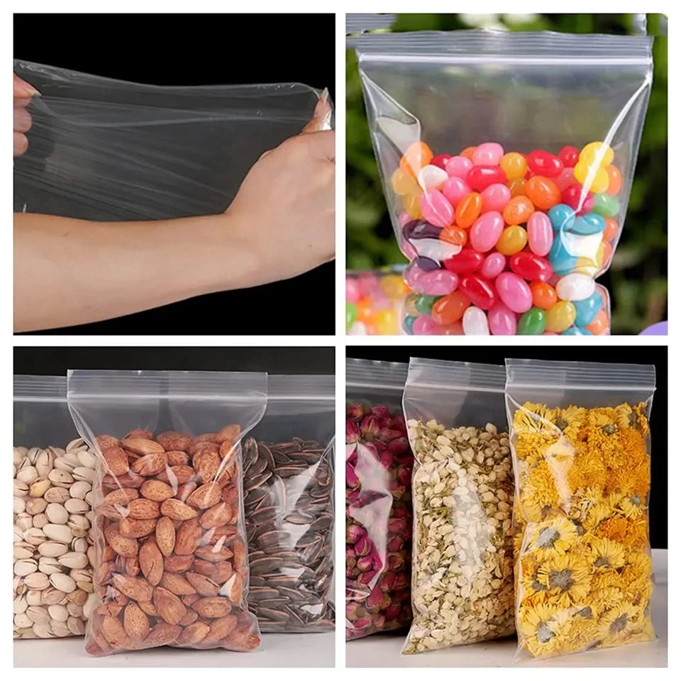 100 sacchetti ZipLock trasparenti riutilizzabili per alimenti e oggetti