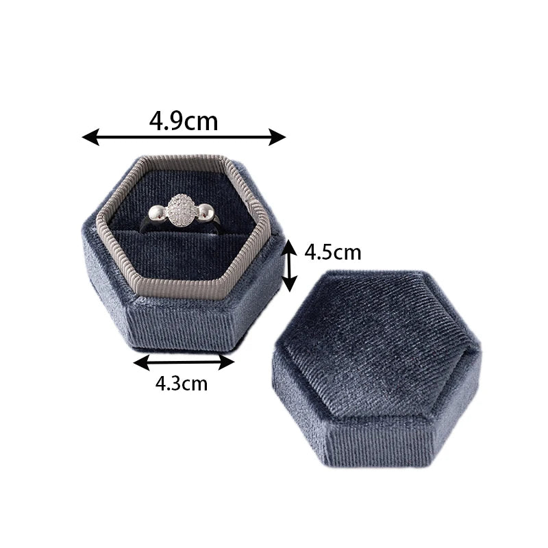 Vintage Hexagon Velvet Jewelry Single Ring Box Empty Case Holder for Engagement Wedding Ceremony Valentines Day Gift Organizer